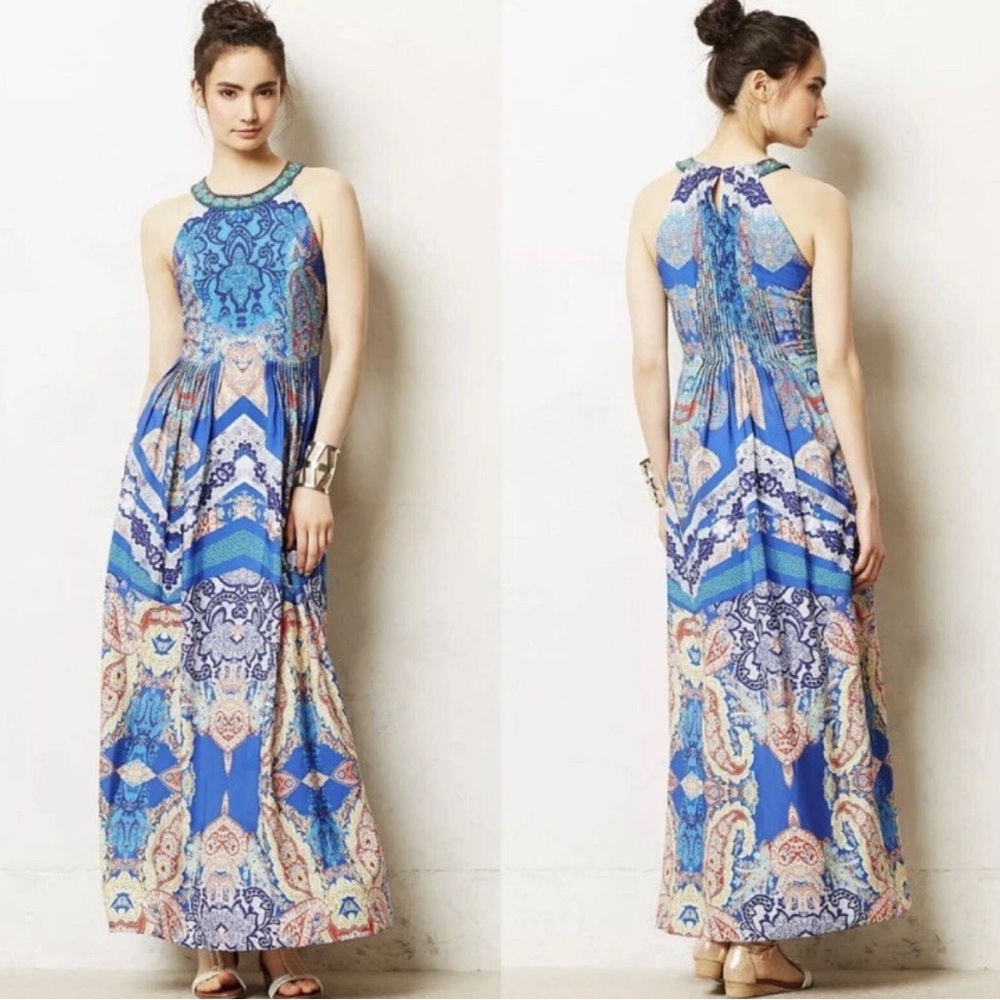 Ranna Gill Blue Printed Halter Maxi Dress